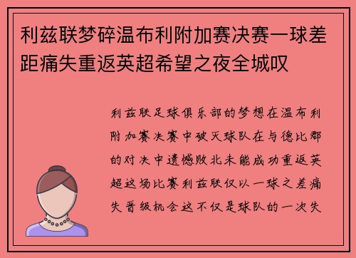 利兹联梦碎温布利附加赛决赛一球差距痛失重返英超希望之夜全城叹 利兹联梦碎温布利附加赛决赛一球差距痛失重返英超希望之夜全城叹