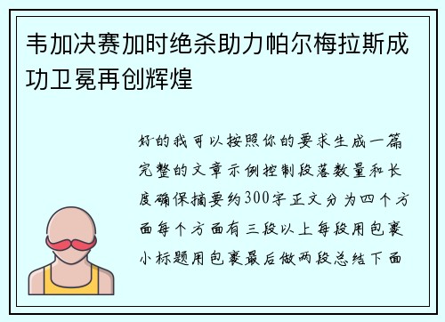 韦加决赛加时绝杀助力帕尔梅拉斯成功卫冕再创辉煌