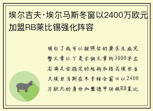 埃尔吉夫·埃尔马斯冬窗以2400万欧元加盟RB莱比锡强化阵容